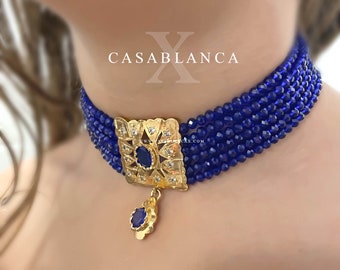 Blue Choker Necklace Gold - Semgine - Moroccan Jewelry