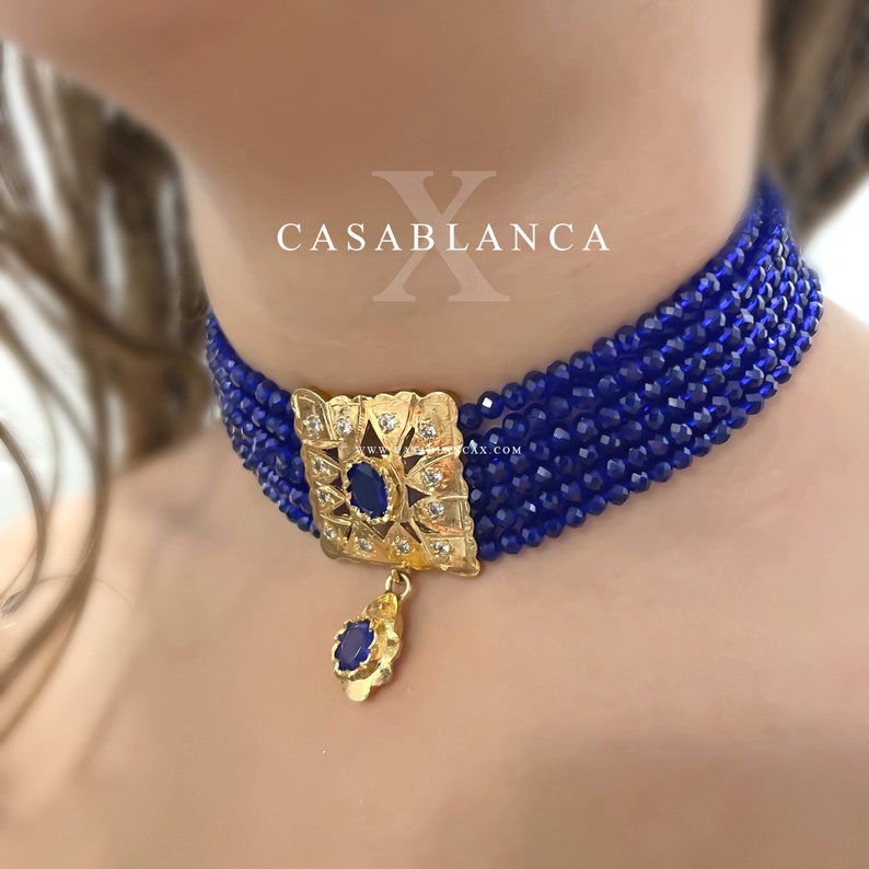 Blue Choker Necklace Gold Semgine Moroccan Jewelry Etsy