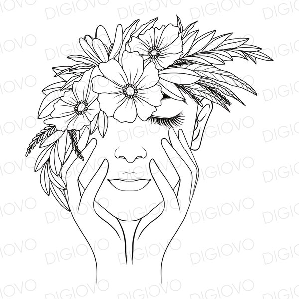 FLORAL WOMAN SVG, floral face svg, floral head svg, woman face svg, flower head svg, floral woman clipart, women line drawing, woman svg