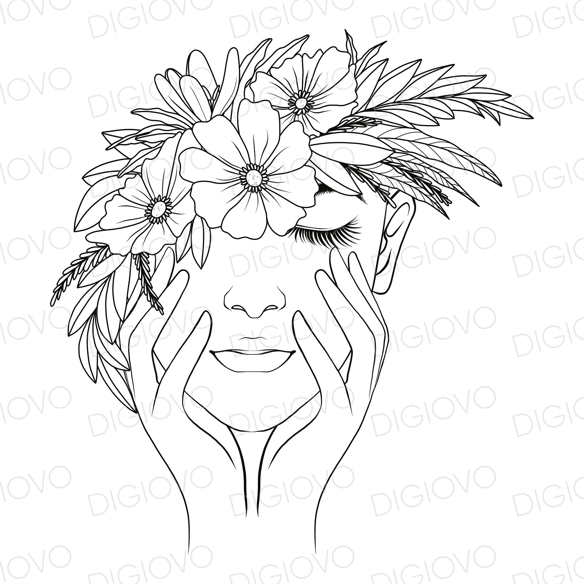 Line Art Face Front of Cake Silhouette - Floral Lady