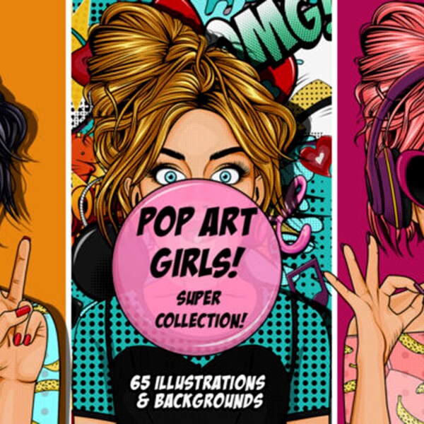 65 Retro Comic Style Pop Art Girls Png Bundle, Pop Art Png, Pop Art Girl Png, Clip Art,Retro Comic Style Pop Art Girls Clip Art Collection