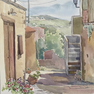 Vouni Cyprus Watercolor Painting – Mediterranean Wall Decor, Handmade Original Art Gift