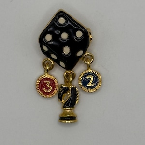 Vintage Small Gold and Enamel Dice and And Gambling Scene Brooch