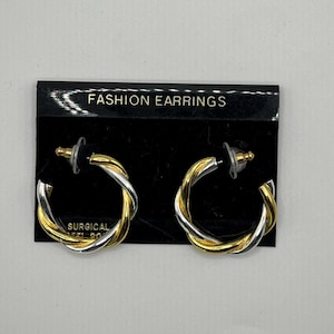 Classic Vintage Two Tone Gold Silver Twisted Hoop Earrings Old New Stock