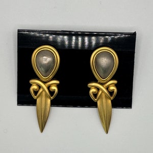 Vintage 1980&#39;s Modern Matte Gold with Silver/Taupe Cabochon Dangle Statemet Pierced Earrings