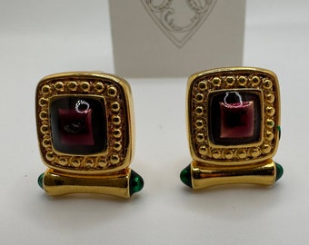 Vintage signed Alana Stewart Gold Plated and Red and Green cabochon earrings high end designer quality. New old stock