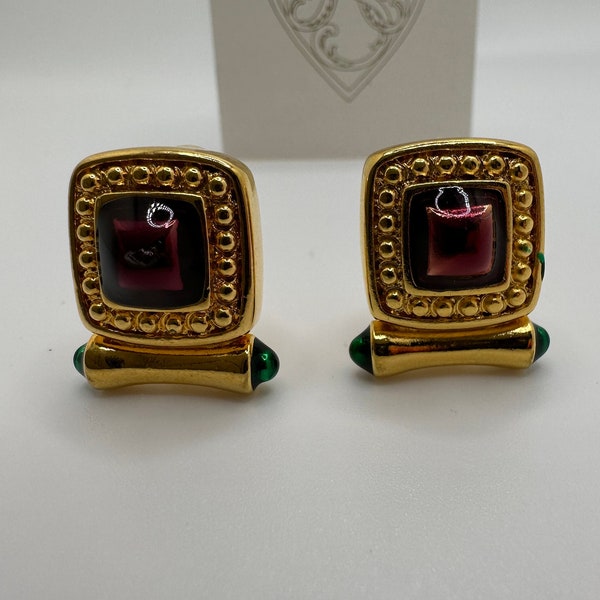 Vintage signed Alana Stewart Gold Plated and Red and Green cabochon earrings high end designer quality. New old stock