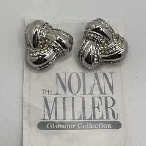 RARE Vintage Nolan Miller Earrings Classic Love Knot & Rhinestone Clips- SILVER