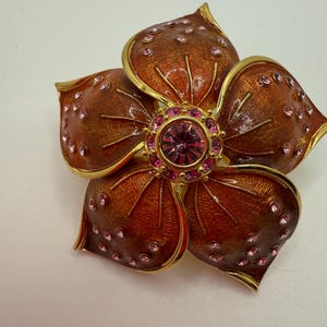 Vintage Gold-Plated Amber Enamel Brooch with Large Crystal Pink Center