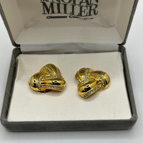 Vintage Signed Nolan Miller Earrings Classic Love Knot & Rhinestone Clip