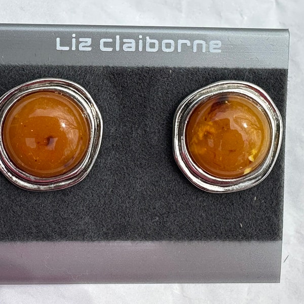 Liz Claiborne vintage pierced earrings, silver with Amber cabochon. Signed Old new sock