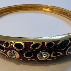 Leopard Print Aubergine Emaille und Strass glänzend Gold Armreif Vintage New Old Stock
