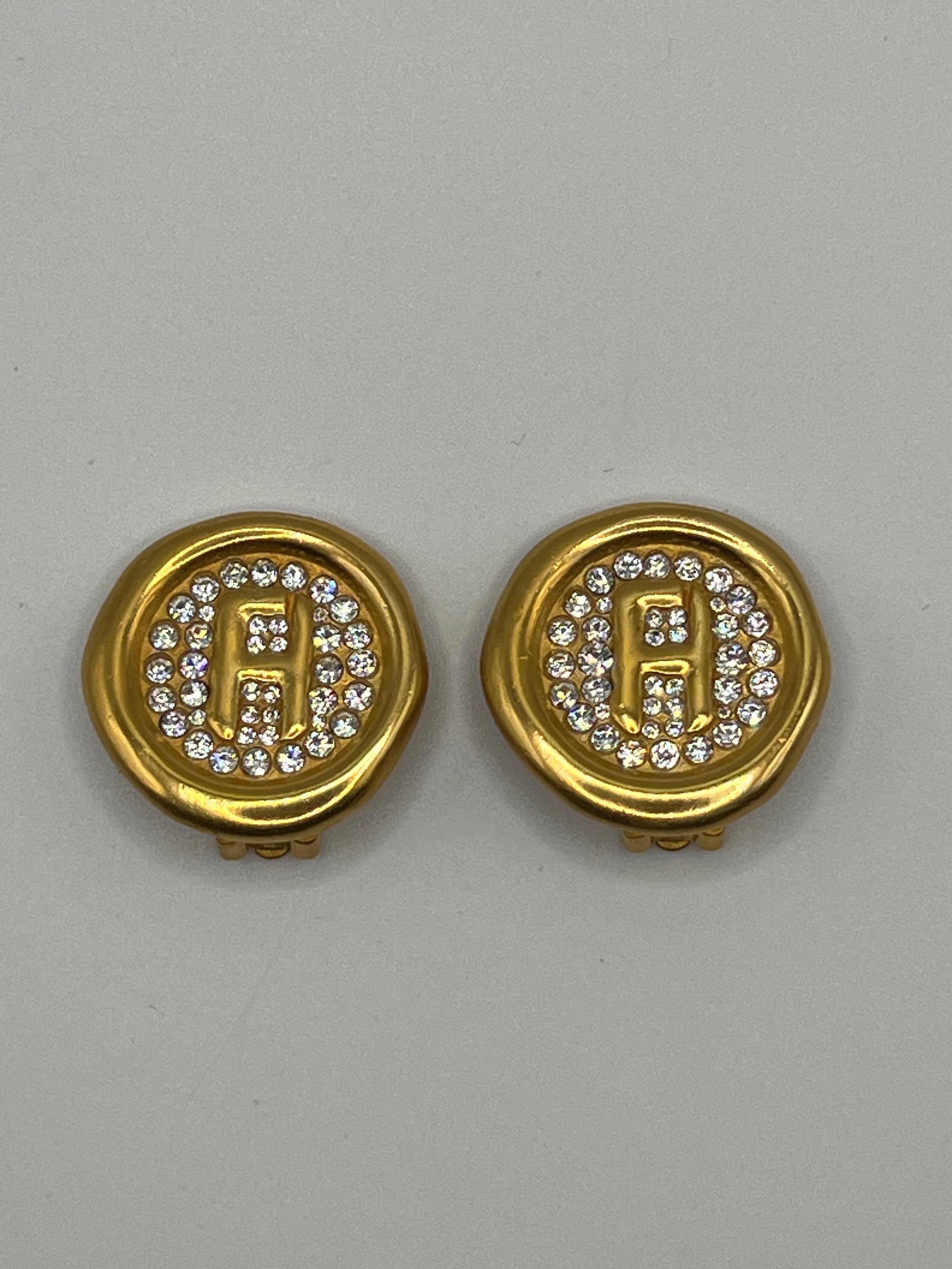 Vintage FRED HAYMAN Beverly Hills Gold Tone Logo Clip On Earrings Rare