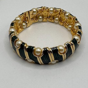 Vintage Joan Rivers Gold Plated Green and Pearl Wide Bangle Bracelet