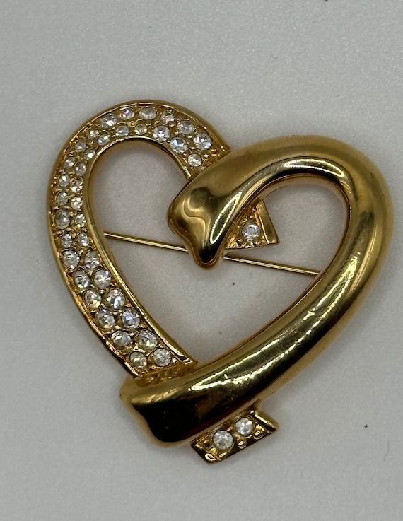 Vintage Gold-Plated Swarovski Crystal-Encrusted Heart Brooch with Swan Logo