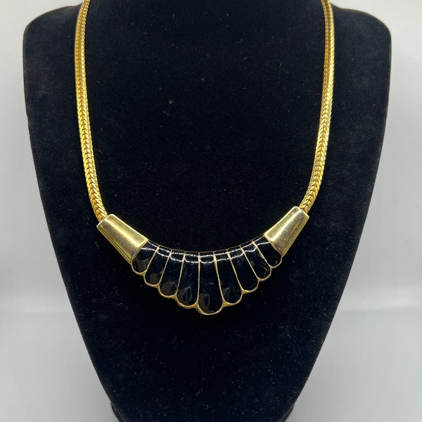Vintage 1990's Gold With Black Enamel Modern Classic Statement Collar Necklace