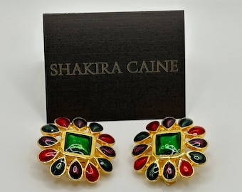 Vintage Signed Shakira Caine Multi-Color Enamel Gold Tone Clip Earrings