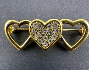 Vintage Triple Heart Brooch with Rhinestones