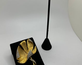 Vintage Crystal Encrusted Leaf Brooch and Matching Clip Earrings