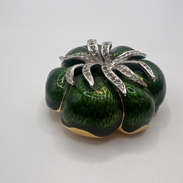 Vintage Designer Judith Leiber Vintage Green Enamel Tomato Brooch Pin With Swarovski crystal accents and 24k gold signed