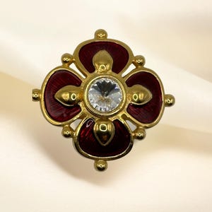 Vintage Gold-Plated Red Enamel Brooch with Large Crystal Center