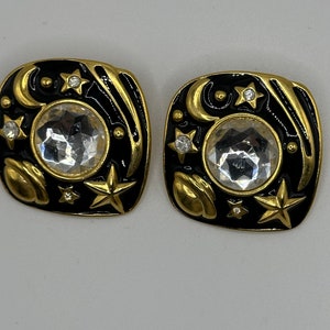 Large Vintage Gold And Black Classic Clip Earrings With Celestial motif and Rhinestones Old New Stock Statement Earrings