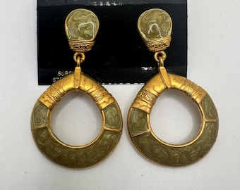 Vintage Gold Tone Dangle Earrings, 80s Olive Green Enamel