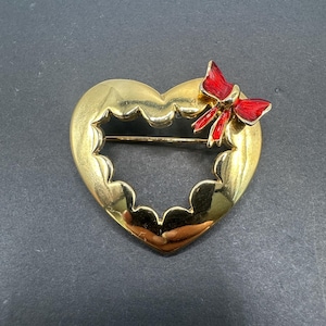 Vintage Goldtone Heart Brooch with red bow