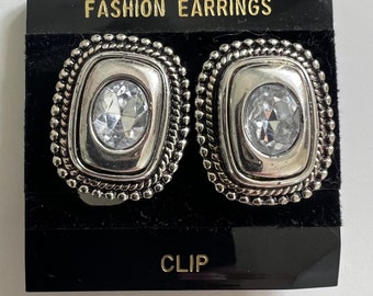 Vintage Designer Inspired Silver Tone Clear Center Rhinestone Clip On Earrings