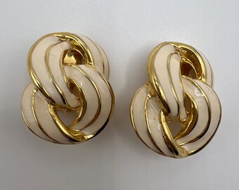 New Old Stock Vintage Gold & Beige Enamel Oval Runway Statement Clip Earrings