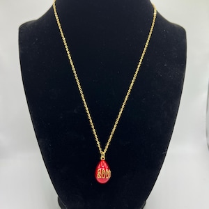 Vintage Joan Rivers Enamel Egg Pendant Necklace with Red 2000 Enamel on 18&quot; Gold Tone Chain