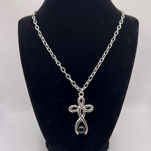 Vintage Joan Rivers Silver Stylized Cross Pendant Necklace with Black Bead Accent
