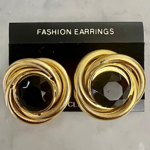 Vintage large  Black Faceted crystal center stone gold dome clip-on earrings Oversized Runway