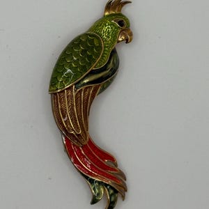 Gorgeous Vintage Parrot Brooch – Green, Purple & Red Enamel on Gold Plated Setting