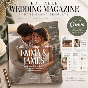 Könnte beinhalten: Eine bearbeitbare 14-seitige Hochzeitsmagazin-Canva-Vorlage mit einem Cover, das ein Paar zeigt, dem Text "The Wedding Edition EMMA & JAMES" sowie weiteren Seiten mit einem Grußwort, einem Zeitplan und einem Menülayout.