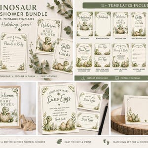 May include: A dinosaur baby shower bundle featuring 11 printable templates with watercolor illustrations of baby dinosaurs in eggs. The set includes invitations, welcome signs, advice cards, diaper raffle cards, and food place cards in sage green.