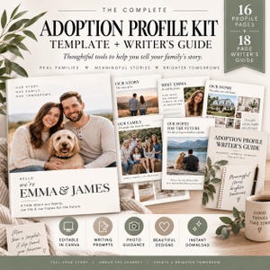 May include: The Complete Adoption Profile Kit Template and Writer's Guide includes 16 profile pages and an 18-page writer's guide. The kit features layouts with text, photos of families, and prompts to help tell a family story. It includes an editable Canva template, writing prompts, photo guidance, and beautiful designs for instant download.