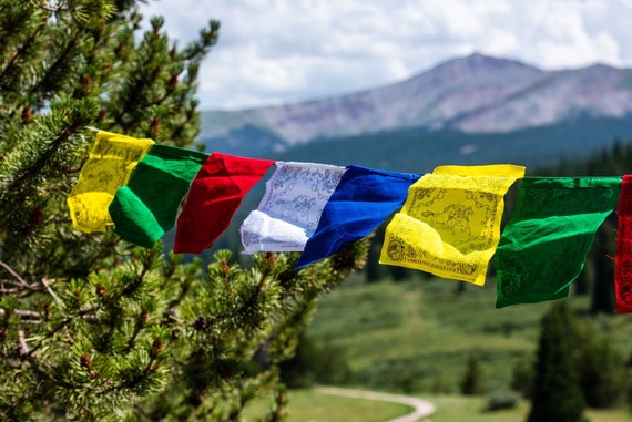 Bandiere Preghiera Tibetane Fatte A Mano Nepal - 5 Rotoli Con Cavallo Del Vento, Colori Elementi - Foto 7