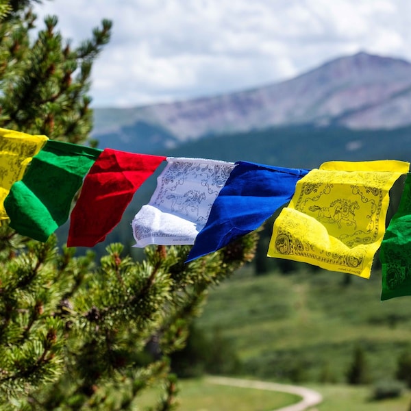 Drapeaux de prière de chevaux de vent tibétains faits à la main, fabriqués à la main au Népal, petits et grands ensembles de drapeaux de prière