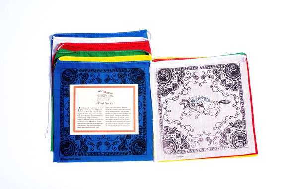 Bandiere Preghiera Tibetane Fatte A Mano Nepal - 5 Rotoli Con Cavallo Del Vento, Colori Elementi - Foto 8