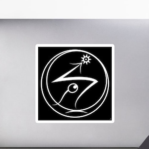 May include: A square sticker with a black background features a white, stylized design within a circular frame. The design includes a lightning bolt shape, a starburst, and a curved line with a small circle. The sticker is placed on a laptop.