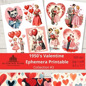 1950 Valentinstag Printable Ephemera-Collection 3 für Junk Journals, Valentinstag, Liebe, Herz, Rot, 24 Bilder + Papiere | Digitaler Download