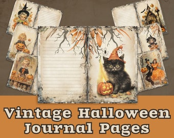 May include: Vintage Halloween journal pages with illustrations of a black cat, pumpkins, and children in costumes. The pages are blank and ready for writing or drawing. Includes 7 inner pages.