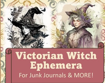 May include: A set of 50 printable sheets featuring Victorian witch illustrations. The illustrations are in black and white and feature witches in various poses, including casting spells, holding potions, and flying on broomsticks. The text "Victorian Witch Ephemera" and "For Junk Journals & MORE!" is printed on the cover.