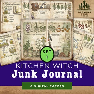 Pode incluir: Uma coleção de papéis digitais com tema de boticário vintage. A imagem apresenta páginas ilustradas com texto e desenhos de ervas, poções e receitas. O título "Kitchen Witch Junk Journal" é exibido de forma proeminente.