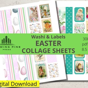 EASTER Ephemera Collage Sheets Junk Journal, Washi and Labels, Printable Ephemera to Download PDF & JPG