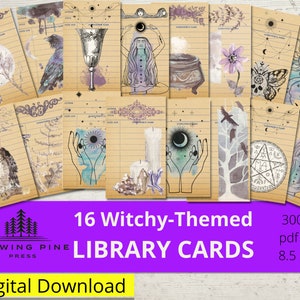 ¡Tarjetas de biblioteca con temática de brujas para diarios basura, efímeras de tarjetas de diario imprimibles para álbumes de recortes, creación de tarjetas y más!