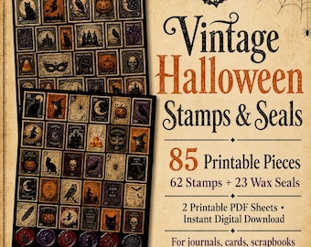 Vintage Halloween Stamps and Wax Seals, 85 Pieces, Featuring Black Cats, Pumpkins, Witches & More! Retro Printable Digital Download JJ019
