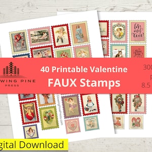 Printable Stamps Valentine Ephemera Faux for Junk Journal, Vintage Valentine’s Day, Printable Ephemera to Download, Valentine Stamps