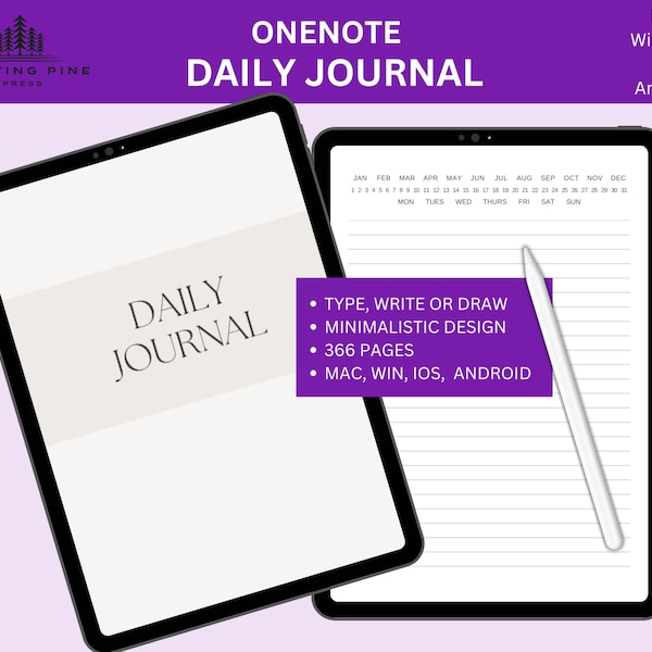 Digital Daily Journal for OneNote, Morning Pages Journaling, 365 Day Journal, Diary for Android, OneNote, iPad Notebook, SurfacePro Notebook